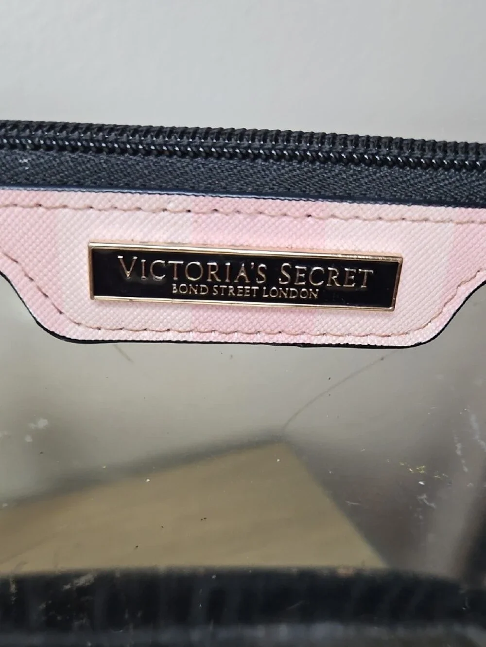 Victoria's Secret Clear Cosmetic Pouch with Pink Trim and Striped Base